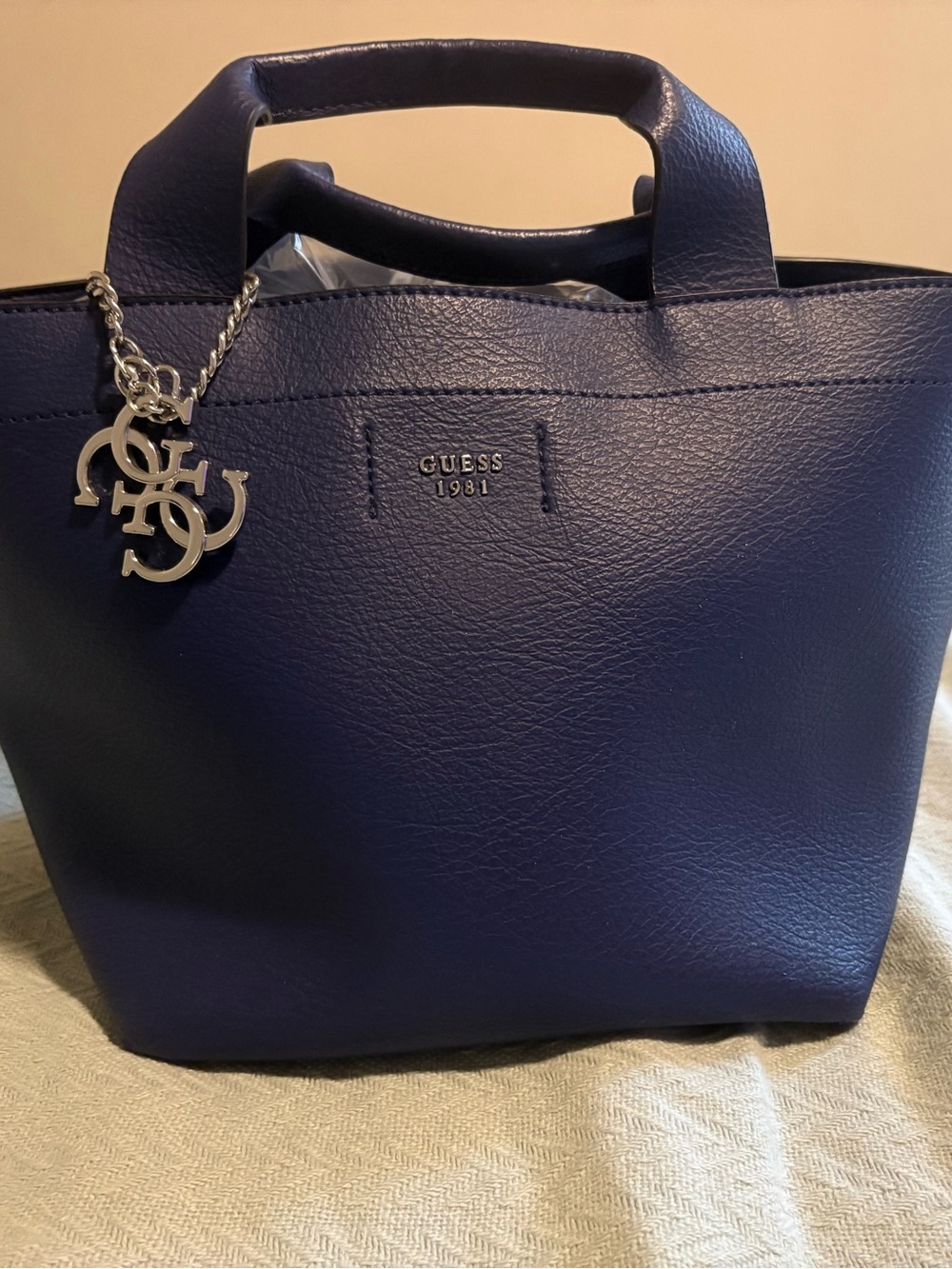 GUESS Navy Blue Grained Faux Leather Tote Bag with Logo Charm